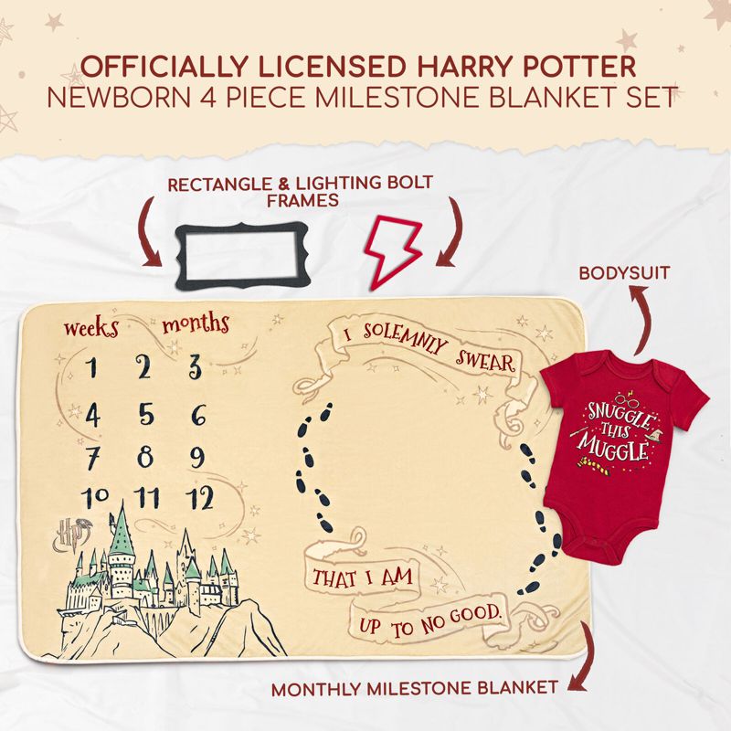 Harry Potter Baby Bodysuit and Monthly Milestone Blanket 4 Piece Newborn, 2 of 8