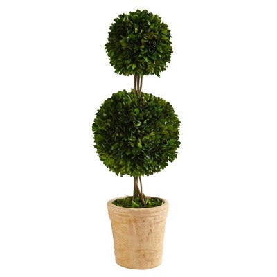 Nearly Natural 2.5-ft Preserved Boxwood Double Ball Topiary Tree in Decorative Planter