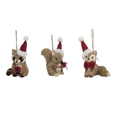 Transpac Natural Animal w/Santa Hat Ornament Set of 3 Christmas Home Decorations