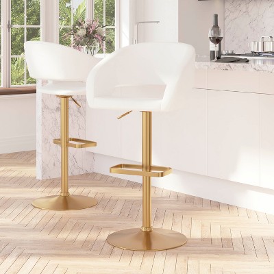 White Vinyl Adjustable Swivel Bar Stool with Gold Base