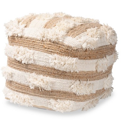 Basque Moroccan Ivory Handwoven Wool Blend Pouf Ottoman Natural/Ivory - Baxton Studio