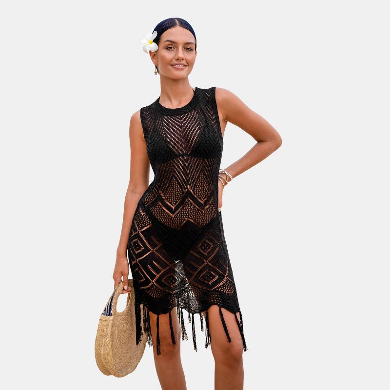 Women's Black Crochet Fringe Hem Cover-Up Dress - Cupshe, 1 of 7