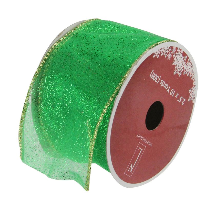 Northlight Glittering Green and Gold Solid Wired Christmas Craft Ribbon 2.5" x 10 Yards, 1 of 4