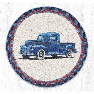 Earth Rugs MSPR-362 Blue Truck Printed Round Trivet – 10"x10" Hand-Braided Natural Jute Hot Pad, Rustic Farmhouse Accent - 1 of 3