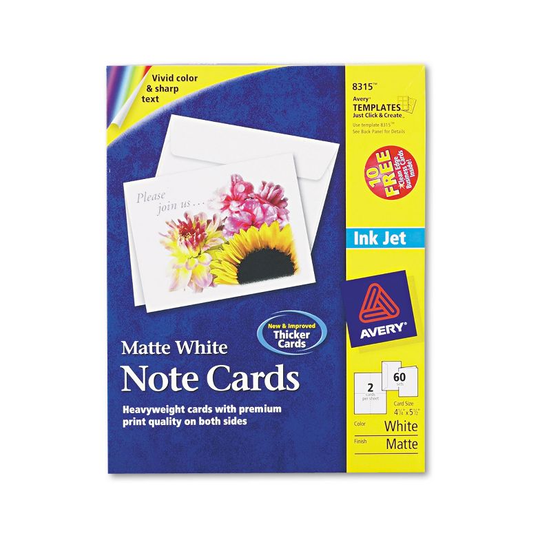 Avery Note Cards for Inkjet Printers 4 1/4 x 5 1/2 Matte White 60/Pack w/Envelopes 8315, 1 of 8