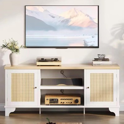 Rattan TV Stand for Living Room, Modern Entertainment Center or 70 Inch TV, Boho Media TV Console Table with Storage