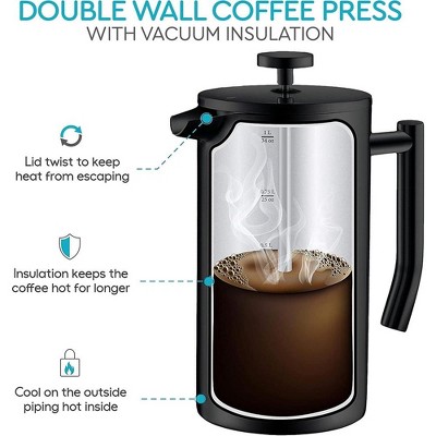 Belwares 34 oz Black Stainless Steel French Press Coffee Maker