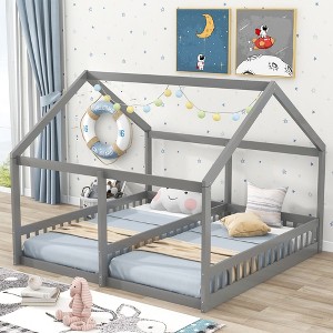 CAVINAS Double Floor Bed Twin Size Modern House-Shaped Pine Bed Frame with 2 Beds Side by Side and Guardrails for Bedroom - 1 of 4