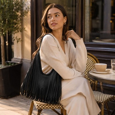 Alilang Women's Fringe Shoulder Bag Beige Suede Look Boho Hobo Purse with Long Strap - Light Beige — фото 4