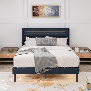 Queen Size Bed frame with LED Bedside Induction Light, Wrapped in Linen, Bedside Atmosphere Light, Anti Slip and Noise Free, Easy to Assemble - 1 of 4