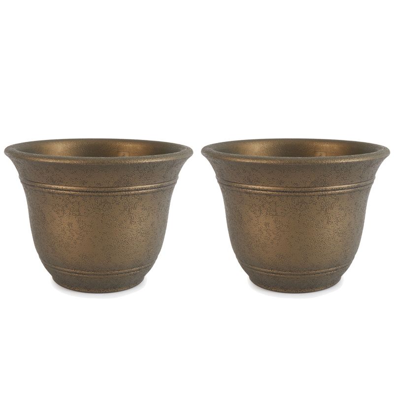 HC Companies Sierra 10 Inch Self Watering Round Plastic Flower Garden Planter Pot Container for Gardening Purposes, Celtic Bronze (2 Pack), 1 of 7
