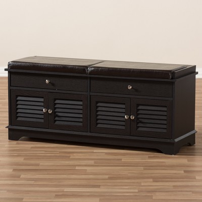 Contemporary Dark Brown Wood 2-Drawer Shoe Storage Bench with Faux Leather Cushion