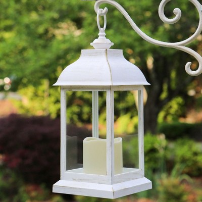 Distressed White LED Lantern with Built-In Candle