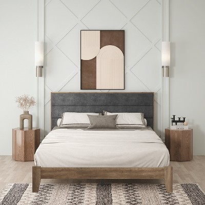 Galano Hamsper Upholstered Queen Platform Bed With Headboard in Knotty Oak, Dusty Gray Oak