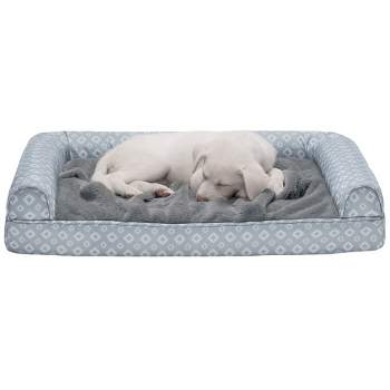 FurHaven Plush Fur & Diamond Print Nest-Top Cooling Gel Sofa Dog Bed