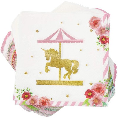 Sparkle and Bash 100 Pack Unicorns Carousel Paper Disposable Napkin Napkins 6.5" Birthday Party Tableware Decorations
