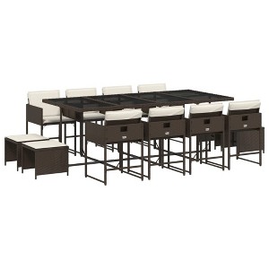 vidaXL 13 Piece Patio Dining Set with Cushions - Brown Poly Rattan, Compact Storage, Comfortable Seating, Removable Covers, Glass Tabletop - 1 of 4