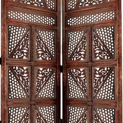 Antique Brown Hand Carved Mango Wood Four Panel Room Divider