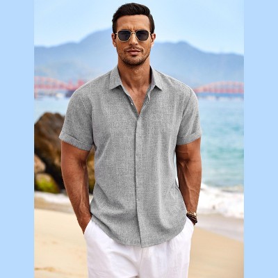 COOFANDY Men's Linen Short Sleeve Casual Button Down Beach Summer Wedding Shirt
