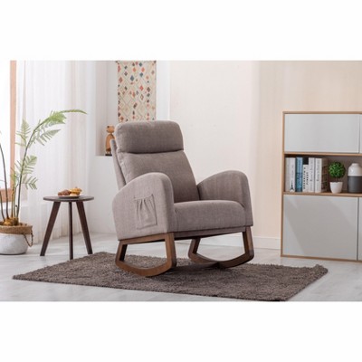 Okak Modern Rocking Accent Chair Armchair with Side Pocket and Wood Legs Comfy High Backrest Glider Chair for Bedroom Lounge Nursery, Gray