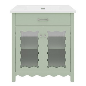 Vynxaria 31 Inch Sage Green Tempered Glass Curved Bathroom Vanity with Ceramic Sink One Complete Unit Soft Close Doors Adjustable Shelves - 1 of 4