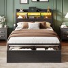 Furnulem Full Size Bed Frame with Wood Headboard and Storage Shelf Metal Platform Bed Frame with Storage Drawers LED Lights and Charging Station Black - 2 of 4