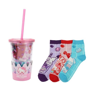 Hello Kitty & Friends Women's 3-Pair Quarter Crew Socks With Reusable Water Bottle