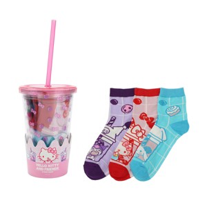 Hello Kitty & Friends Women's 3-Pair Quarter Crew Socks With Reusable Water Bottle - 1 of 4