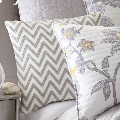 18" Gray and White Embroidered Chevron Square Pillow