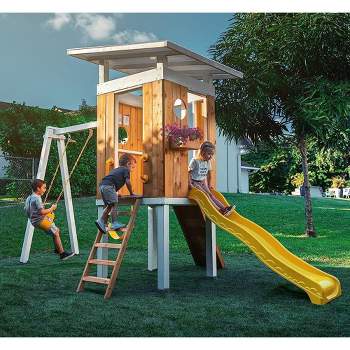 Avenlur Outdoor Swing Set: Clubhouse, slide, rock climbing wall, 2 swings, and more! Perfect for toddlers and kids ages 3-11