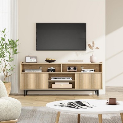 70 Inch Natural Oak Fluted TV Stand,With Storage and Sliding Doors, Wood Media Console Cabinet Furniture TV Console Table for Living Room Bedroom