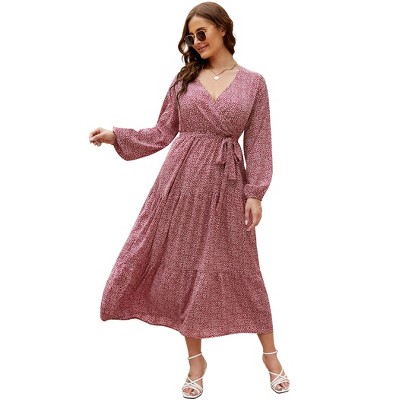 Women Plus Size V Neck Wrap Maxi Dress High Waist Ruffle Summer Casual Dress with Belt Long Sleeve,navy blue yellow flower