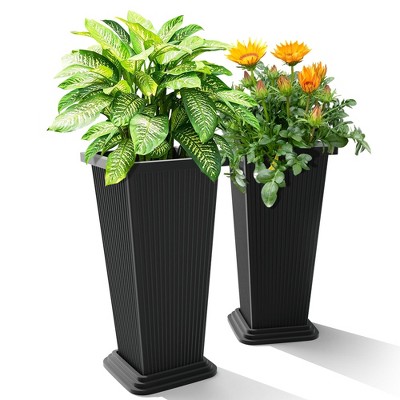 TUYOHW Set of 2 Tall Planters for Plants, 24" Tapered Tall Planters with Tray for Porch, Patio, Backyard, Large Planters for Outdoor Indoor Plants