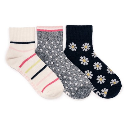 Muk Luks Women's 3 Pair Pack Quarter Crew Cotton Compression Socks, Navy, OS (6-10)