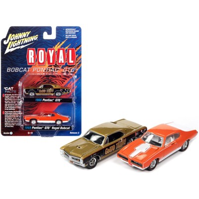 1966 Pontiac GTO "GeeTO Tiger" Gold & 1969 Pontiac GTO Royal Bobcat Orange 2 pc Set 1/64 Diecast Model Cars by Johnny Lightning