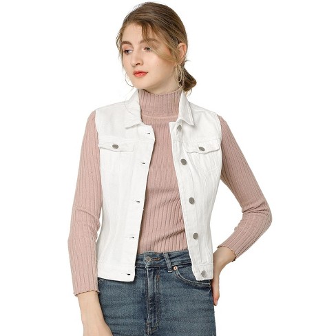 Allegra K Women's Buttoned Washed Denim Vest Jacket W Chest Flap Pockets  White Large : Target
