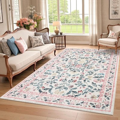 Coucheta Washable Area Rug - Non-Slip Vintage Floral Low Pile Soft Living Room Carpet, Machine Washable Farmhouse Rug for Bedroom
