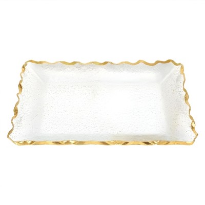 HomeRoots 14" Clear and Gold Bubble Glass Scalloped Rim Rectangular Tray