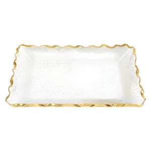 HomeRoots 14" Clear and Gold Bubble Glass Scalloped Rim Rectangular Tray - 1 of 4