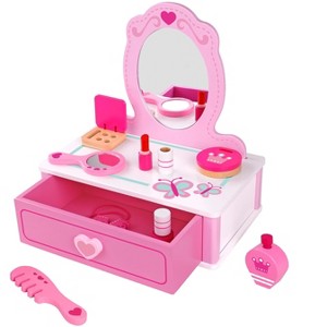 Toysters Adorable Pink Wooden Vanity Makeup Kit Station Beauty Salon Cosmetic Toy For Toddler Girls With Mirror - 1 of 3