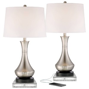 360 Lighting Simon Modern Table Lamps Set of 2 with Square Risers 27" Tall Brushed Nickel USB Charging Port White Shade for Bedroom Living Room Desk - 1 of 4