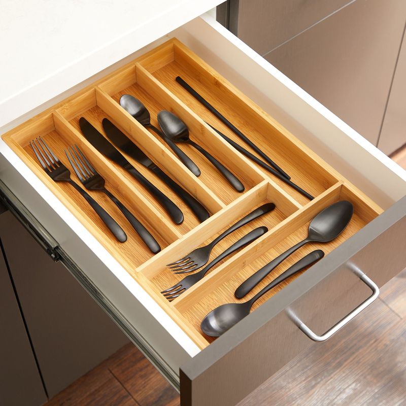 Juvale Bamboo Silverware Drawer Organizer, Wooden Cutlery Tray Holder for Kitchen, Flatware & Utensil Storage with 6 Slots, 17 x 11.75 x 1.75 Inches, 4 of 10
