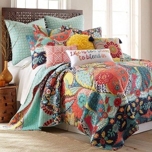 Quilt Set - Full/Queen, 88x92in. 2 Shams, Bohemian, Teal, Orange, Yellow, Green, Blue, Red, Navy, Reversible, Cotton - 1 of 4