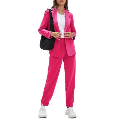 EXLURA Women's Business One Button Blazer Jacket High Elastic Waist Pant Suit Set Casual Loose 2 Piece Suits Office Work