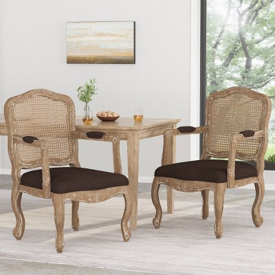 Set of 2 Andrea French Country Wood and Cane Upholstered Dining Armchairs - Christopher Knight Home