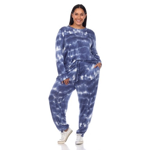 Plus Size 2 Piece Velour Tracksuit Set Denim Blue 1X -White Mark