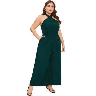 Women'S Large Size Cross Halter Backless Waist Jumpsuit Wide Leg Pants