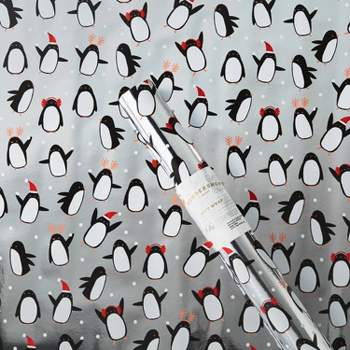 25 sq ft Penguin Snowball Fight Christmas Gift Wrap Metallic Silver - Wondershop™