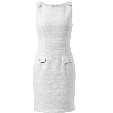 Женские платья INSPIRE CHIC Women's Tweed Sleeveless Boat Neck Work Faux Pockets Office Sheath Mini Dress X-Small Light Blue