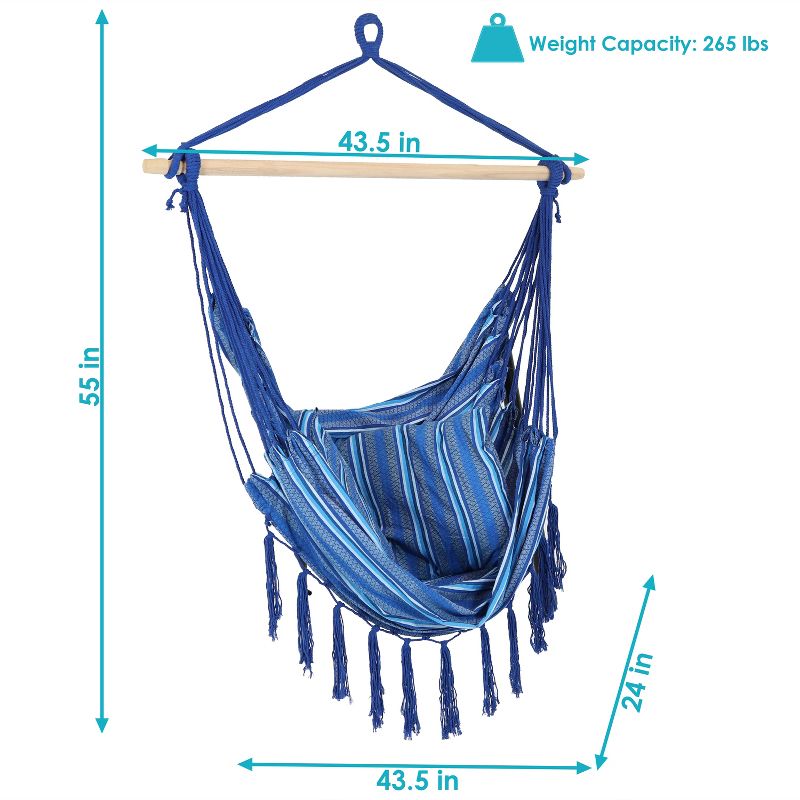 Sunnydaze Double Cushion Hanging Rope Hammock Chair Swing - 265 lb Weight Capacity - Cornflower Stripes, 4 of 11